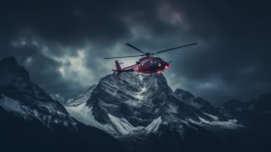 Red Helicopter Flying in Snowy Mountains 2912×1632